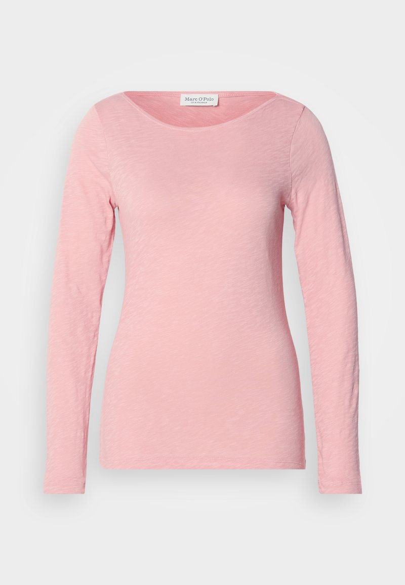 Langärmliges, runde-Ausschnitt-Shirt in Hellrosa, aus leichtem, strukturiertem Stoff. Weiche Oberfläche mit lässiger Passform und ohne sichtbare Verzierungen.