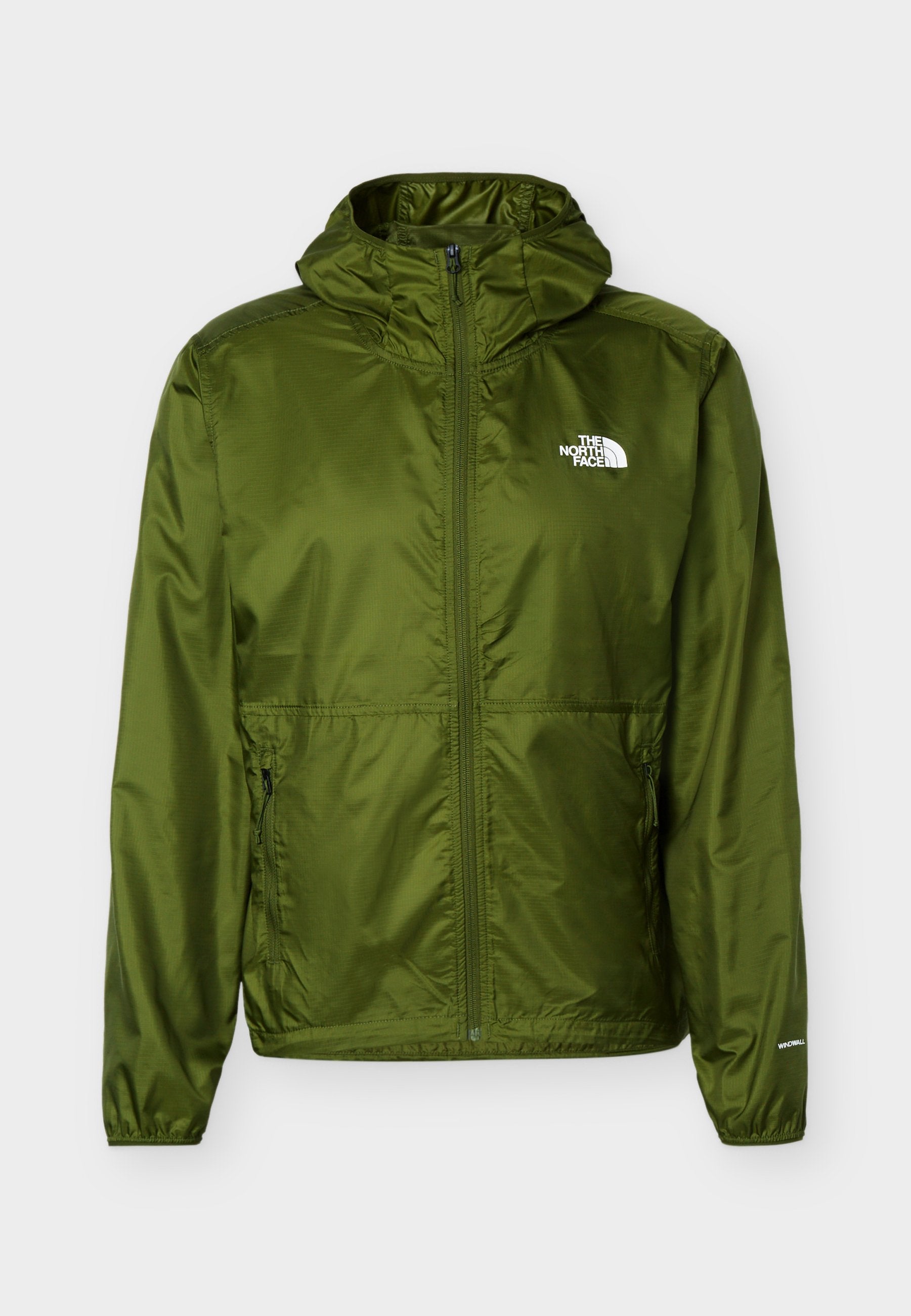 Olivgrüne, leichte Kapuzenjacke mit Frontreißverschluss, seitlichen Reißverschlusstaschen, elastischen Bündchen und weißem "The North Face"-Logo auf der Brust.