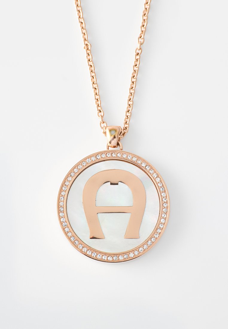 Runde Anhänger-Halskette aus Roségold mit Perlmutt-Mittelteil, roségoldfarbenem A-förmigem Design und einem Rand aus kleinen klaren Kristallen.