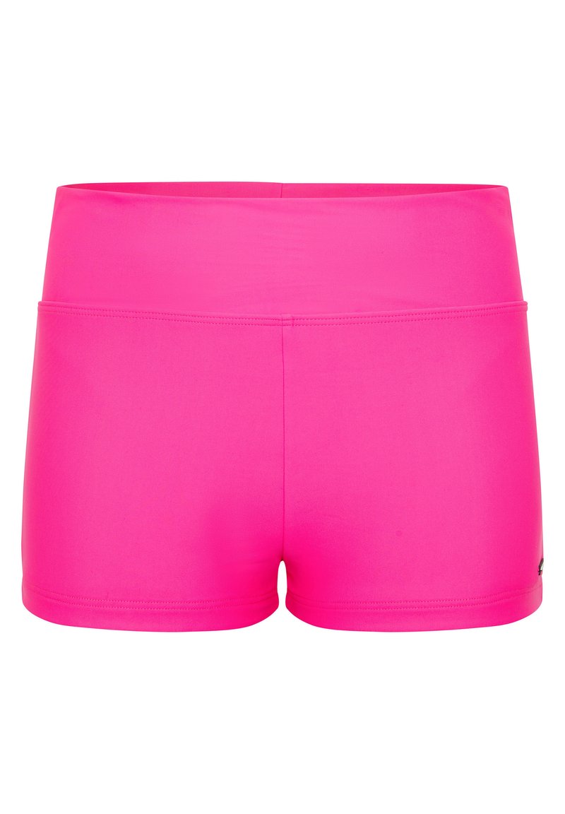 Rosa Sportshorts mit breitem Bund. Hergestellt aus glattem, dehnbarem Stoff. Verfügt über ein einfaches Design ohne Taschen oder Verzierungen.