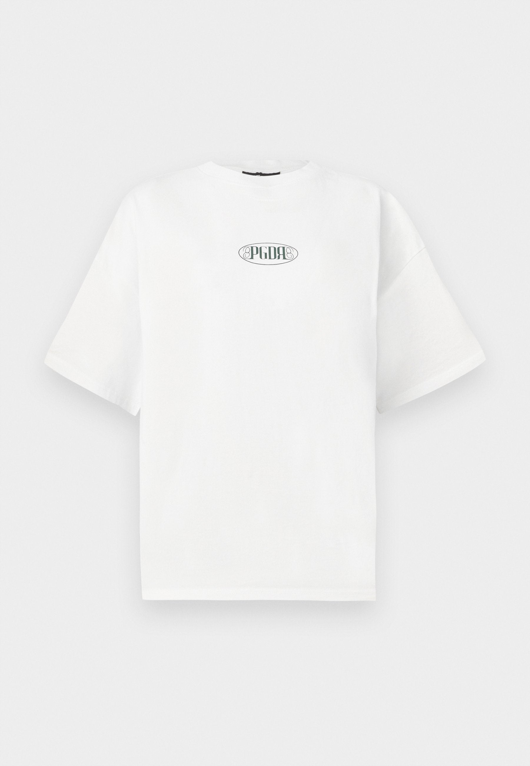 Weißes T-Shirt mit kurzen Ärmeln aus Baumwolle, das ein grafisches Logo in Grün innerhalb einer ovalen Form in der Mitte der Brust zeigt.