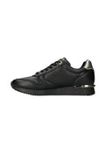 Schwarze Athleticschuhe aus synthetischem Leder mit einer strukturierten Oberfläche. Sie verfügen über ein schlankes Design, eine abgerundete Zehenpartie und einen metallischen Akzent an der Ferse.