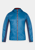 Blaue leichte Kapuzenjacke mit marineblauen Einsätzen an den Ärmeln und orangen Reißverschlussdetails, für den Außenbereich konzipiert.