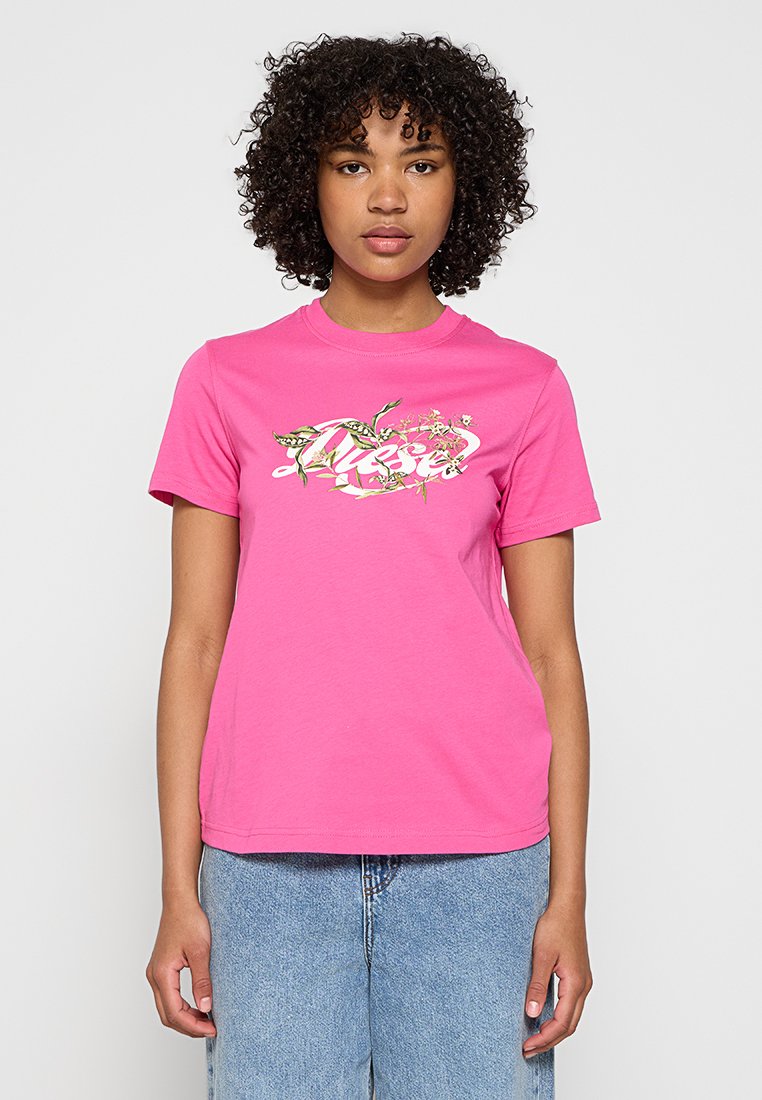 Fuchsia Baumwoll-T-Shirt mit Rundhalsausschnitt, versehen mit einem floralen Grafikdesign. Lockere Passform und kurze Ärmel; weiche Textur.
