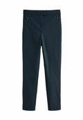 Navyblaue maßgeschneiderte Hosen mit zwei Reißverschluss-Taschen vorne, zwei Knopfverschlüssen und schlanker Passform. Glattes Material mit matter Oberfläche.