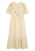 Beige Wickelkleid mit einem gerafften Ausschnitt und kurzen Puffärmeln. Elastischer Bund und gestufter Rock mit schwingendem Saum. Glattes, leichtes Material.