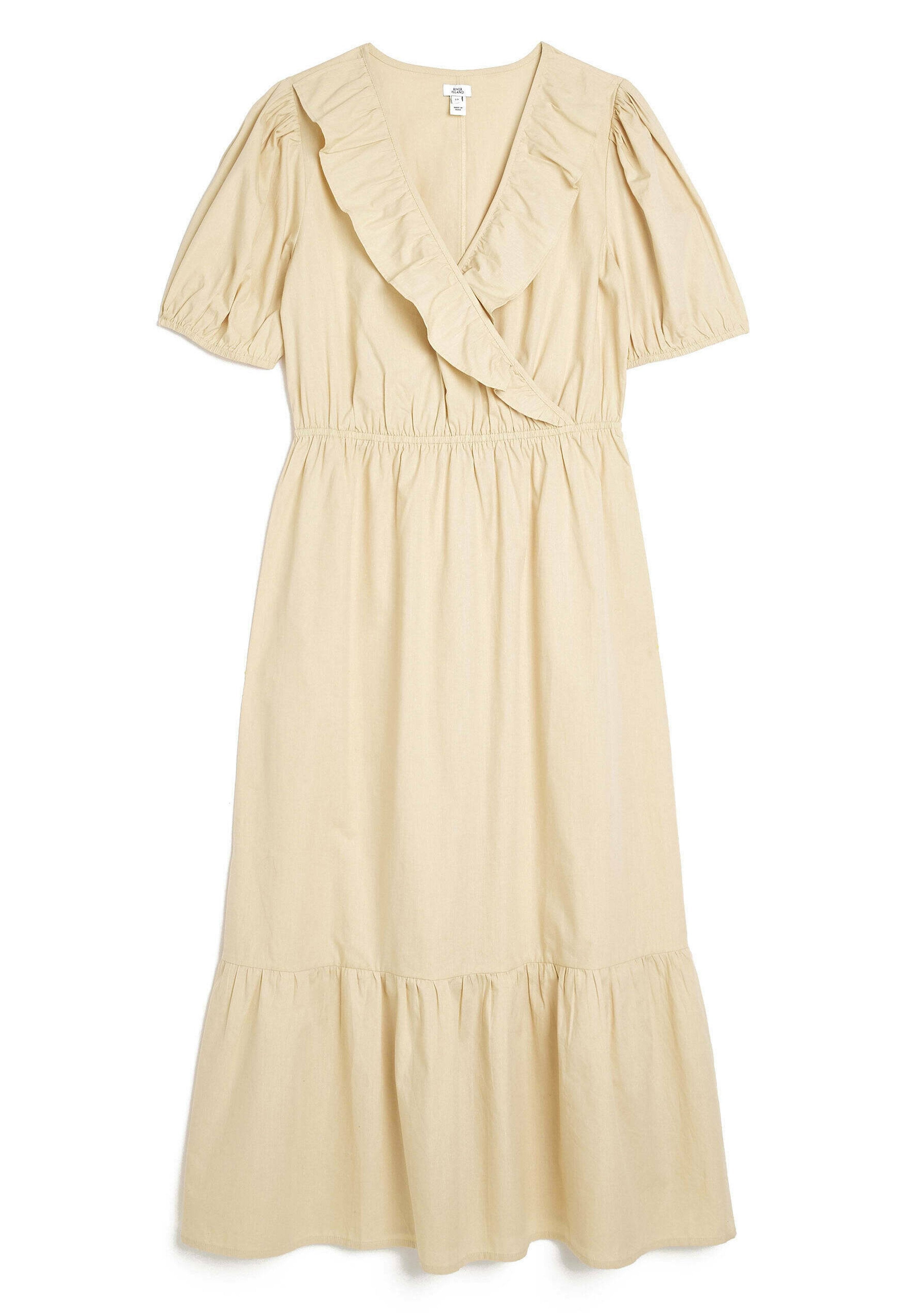 Beige Wickelkleid mit einem gerafften Ausschnitt und kurzen Puffärmeln. Elastischer Bund und gestufter Rock mit schwingendem Saum. Glattes, leichtes Material.