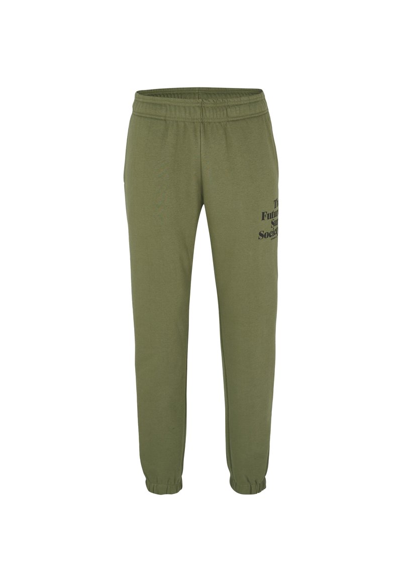 Olivenfarbene Baumwoll-Sweatpants mit einem elastischen Bund, schmal zulaufenden Bündchen und schwarzem, aufgedrucktem Text am linken Bein. Weiche Textur, lockere Passform.