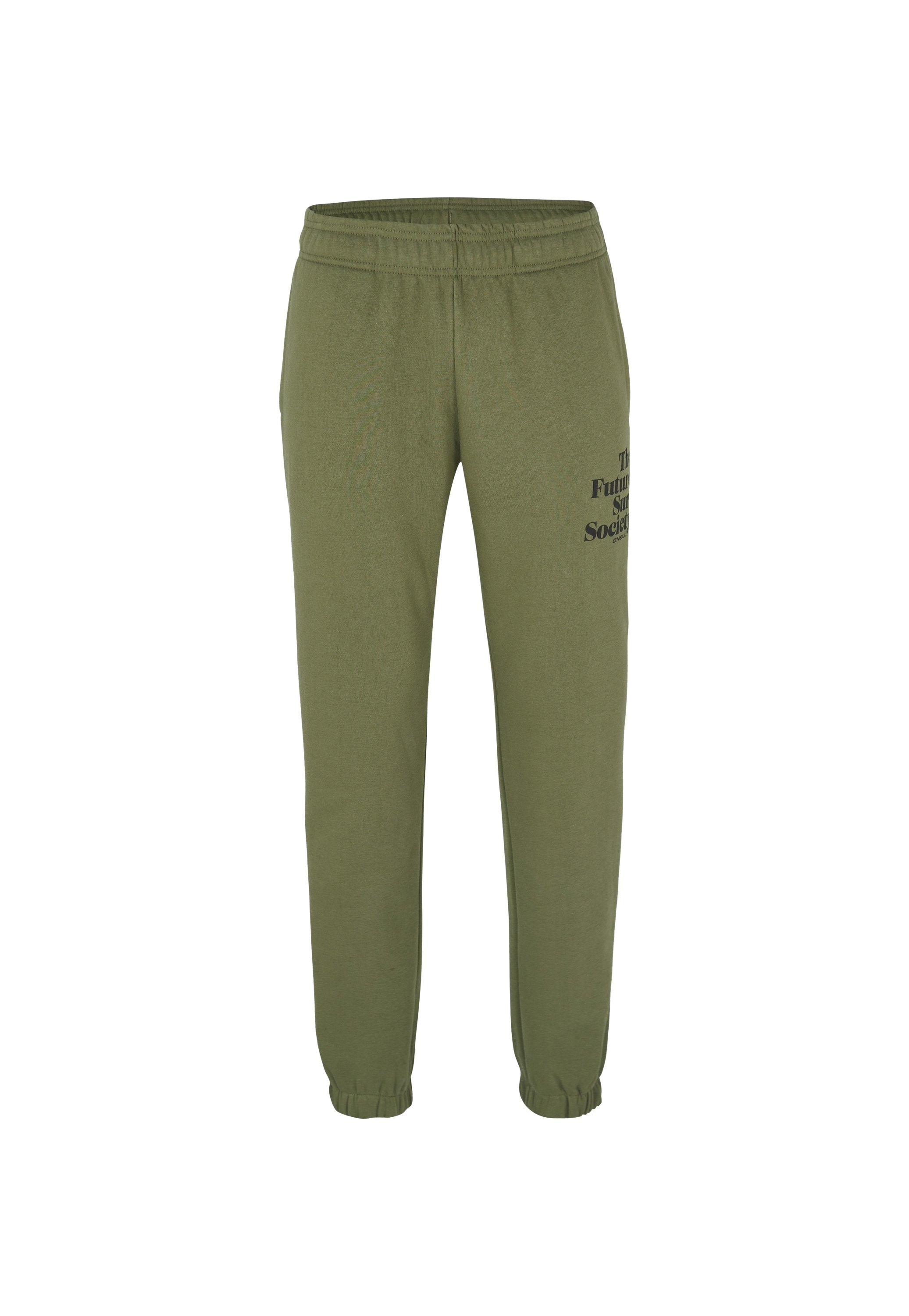 Olivenfarbene Baumwoll-Sweatpants mit einem elastischen Bund, schmal zulaufenden Bündchen und schwarzem, aufgedrucktem Text am linken Bein. Weiche Textur, lockere Passform.