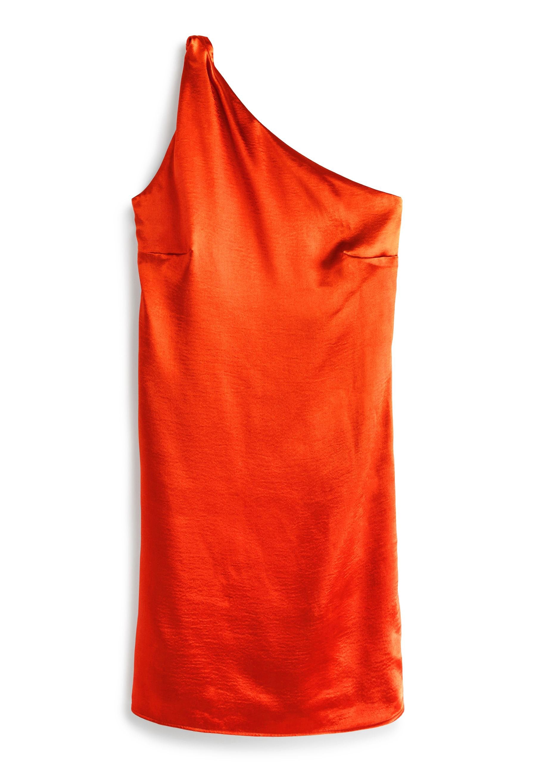 Ein ärmelloses Kleid aus lebhaftem orangefarbenem Satin mit glatter Textur, figurbetontem Design und knielanger Silhouette.