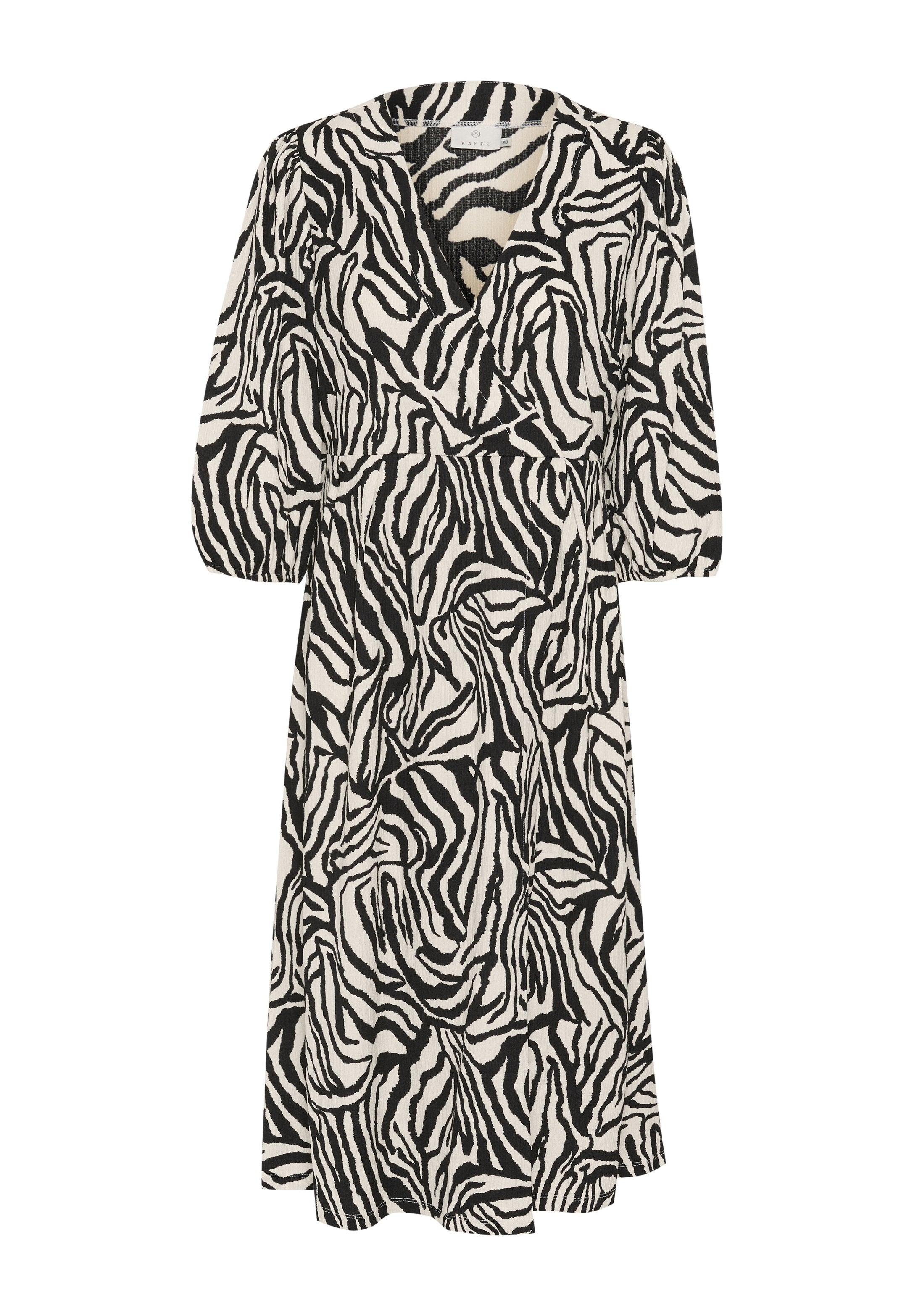 Schwarz-weißer Zebra-Print-Kleid, knielang mit V-Ausschnitt, dreiviertellangen Puffärmeln und tailliertem Design. Strukturierten Stoff.
