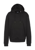 Schwarzer Kapuzenpullover mit Kängurutasche, Kordelzug und gerippten Bündchen. Hergestellt aus weichem Stoff mit legerer Passform.