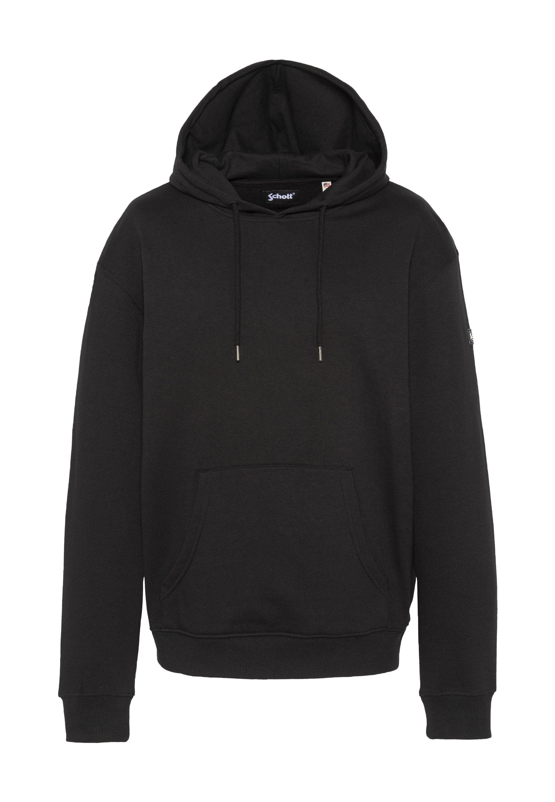Schwarzer Kapuzenpullover mit Kängurutasche, Kordelzug und gerippten Bündchen. Hergestellt aus weichem Stoff mit legerer Passform.