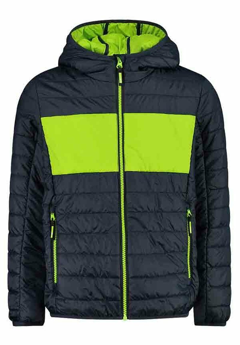 Dunkelblaue gep padded Jacke mit einem leuchtend grünen Horizontalstreifen über der Brust. Verfügt über eine Kapuze, einen Frontreißverschluss und zwei seitliche Reißverschlusstaschen.