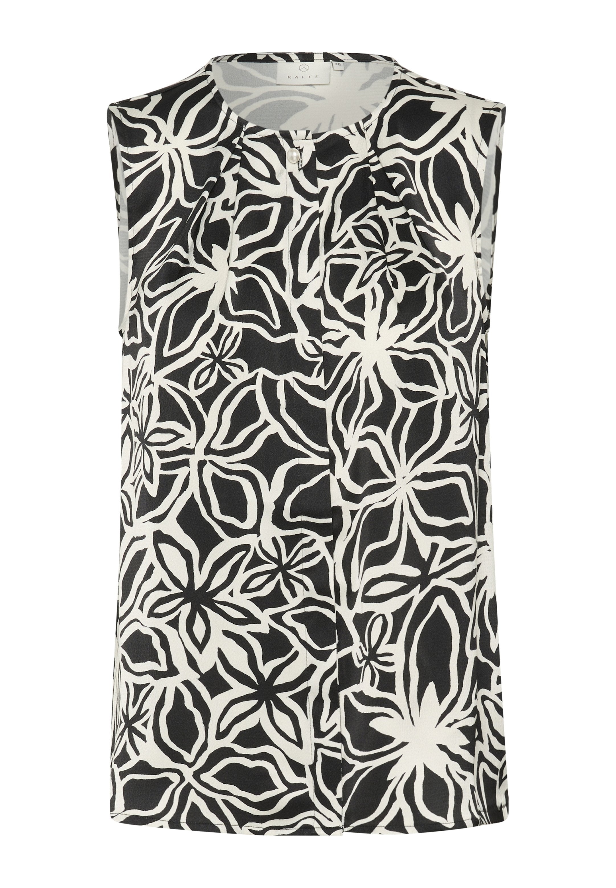 Ärmelloses Shirt mit einem Schwarz-Weiß-Blumenmuster, runder Ausschnitt, Faltendetails und einer leichten Stofftextur.