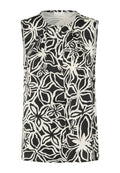 Ärmelloses Shirt mit einem Schwarz-Weiß-Blumenmuster, runder Ausschnitt, Faltendetails und einer leichten Stofftextur.