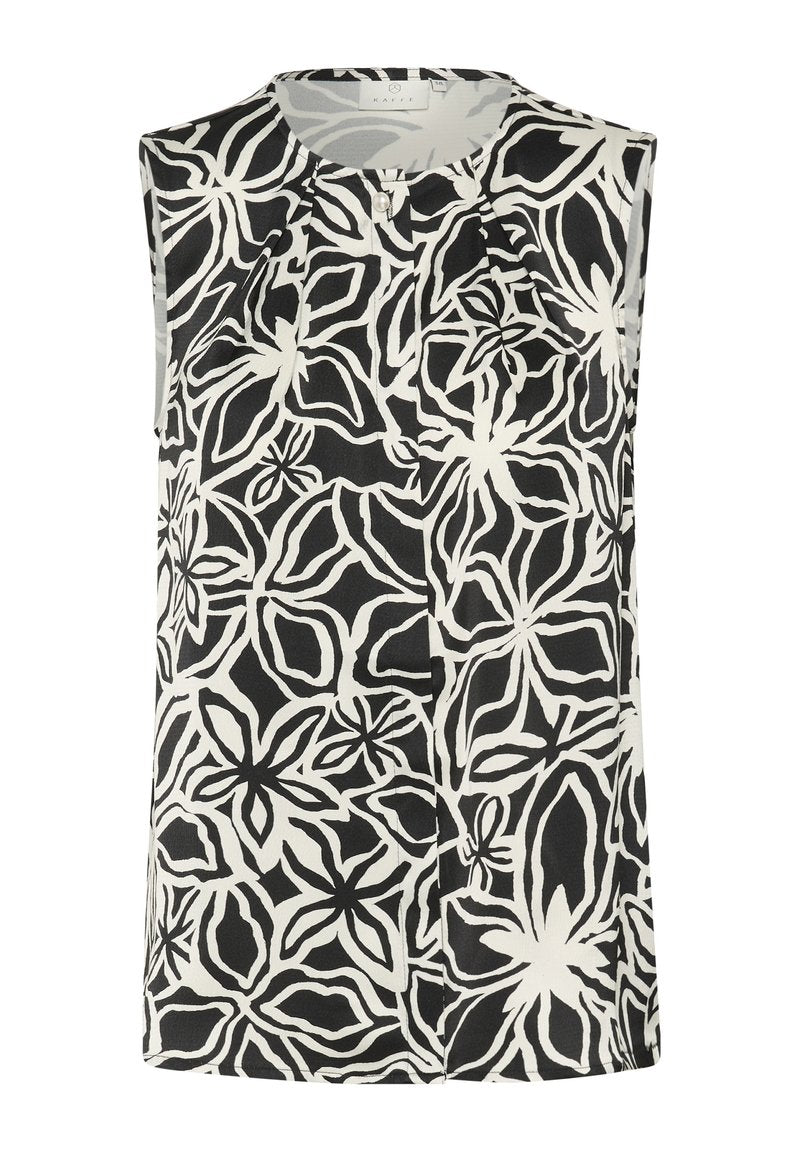 Ärmelloses Shirt mit einem Schwarz-Weiß-Blumenmuster, runder Ausschnitt, Faltendetails und einer leichten Stofftextur.