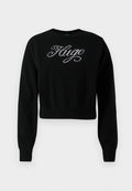 Schwarzer, gekürzter Sweatshirt aus gestricktem Material, mit einem silbernen, gestickten "Hugo"-Logo auf der Brust und gerippten Bündchen.