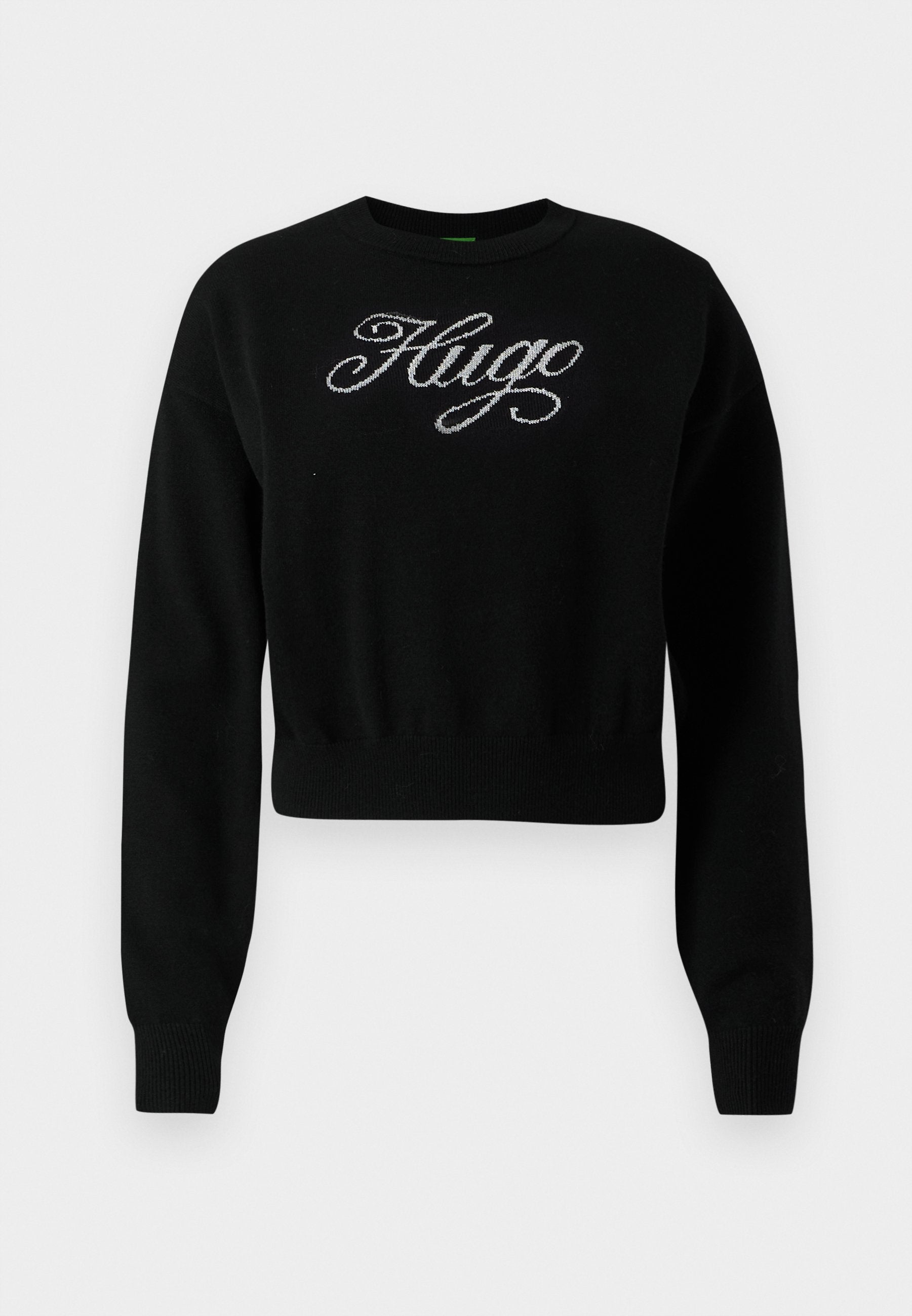 Schwarzer, gekürzter Sweatshirt aus gestricktem Material, mit einem silbernen, gestickten "Hugo"-Logo auf der Brust und gerippten Bündchen.