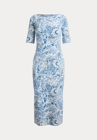 Lauren Ralph Lauren PAISLEY COTTON BOATNECK MIDI DRESS