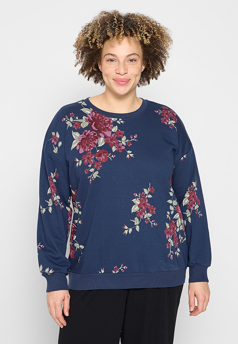 Marineblaues Sweatshirt aus weichem Stoff, mit floralen Mustern in Burgunderrot und Grün, langen Ärmeln und rundem Ausschnitt.