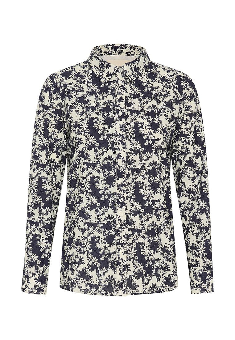 Langarm-Hemd in Marineblau und Creme mit floralem Muster, klassischem Kragen und geradem Saum mit subtiler Textur.
