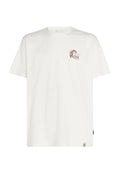 Weißes Baumwoll-T-Shirt mit kurzen Ärmeln, verfügt über einen kleinen roten Grafikdruck auf der linken Brustseite, leicht lockere Passform. Etikett an der Seite.