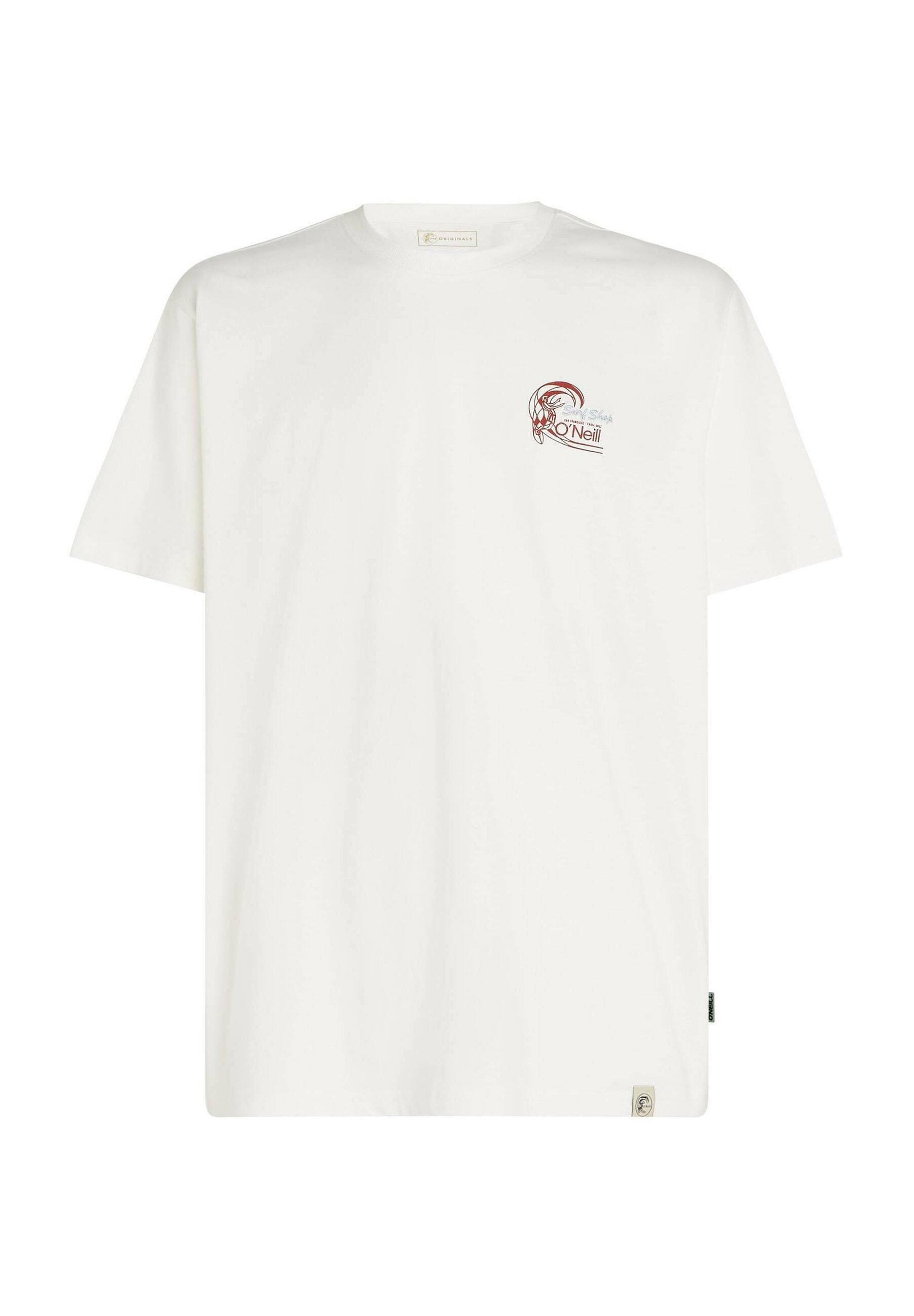 Weißes Baumwoll-T-Shirt mit kurzen Ärmeln, verfügt über einen kleinen roten Grafikdruck auf der linken Brustseite, leicht lockere Passform. Etikett an der Seite.