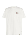Weißes Baumwoll-T-Shirt mit kurzen Ärmeln, verfügt über einen kleinen roten Grafikdruck auf der linken Brustseite, leicht lockere Passform. Etikett an der Seite.