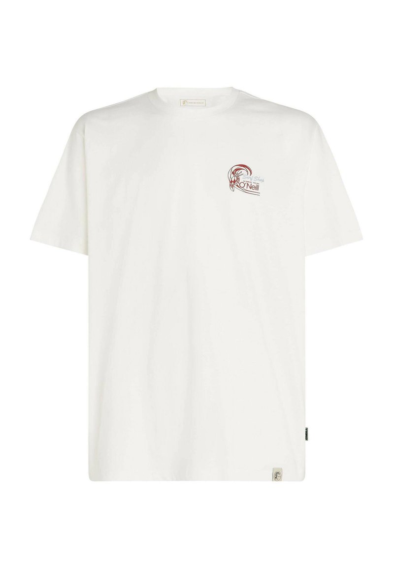 Weißes Baumwoll-T-Shirt mit kurzen Ärmeln, verfügt über einen kleinen roten Grafikdruck auf der linken Brustseite, leicht lockere Passform. Etikett an der Seite.