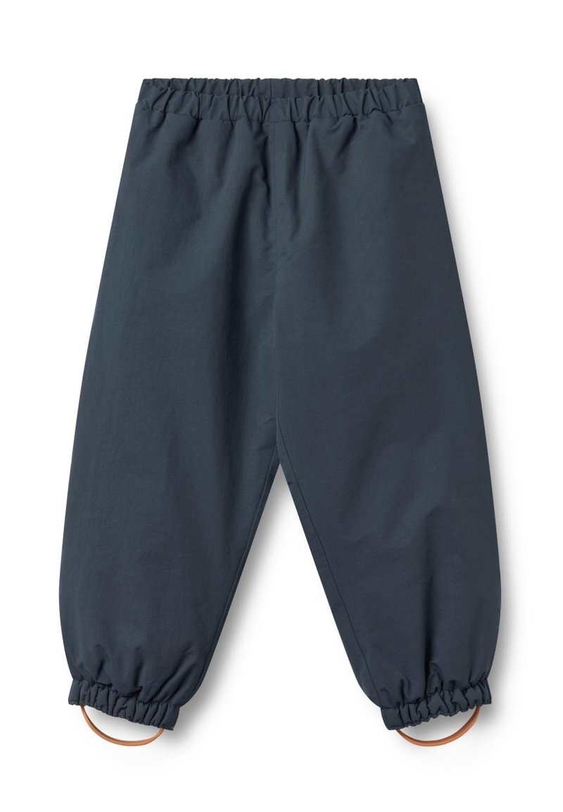 Dunkelblaue Hose mit elastischem Bund, gerafften Bündchen und seitlichen Schlaufen. Aus einem glatten, leichten Gewebe, das sich gut für die Freizeit eignet.