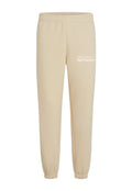 Beige Jogginghosen mit elastischem Bund und Bündchen, versehen mit dem weißen Drucktext "The Future Surf Society" am oberen linken Oberschenkel.