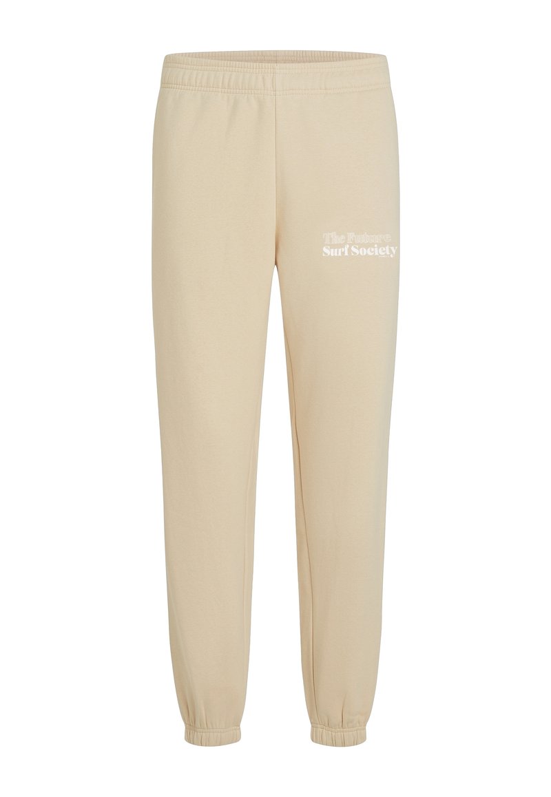 Beige Jogginghosen mit elastischem Bund und Bündchen, versehen mit dem weißen Drucktext "The Future Surf Society" am oberen linken Oberschenkel.