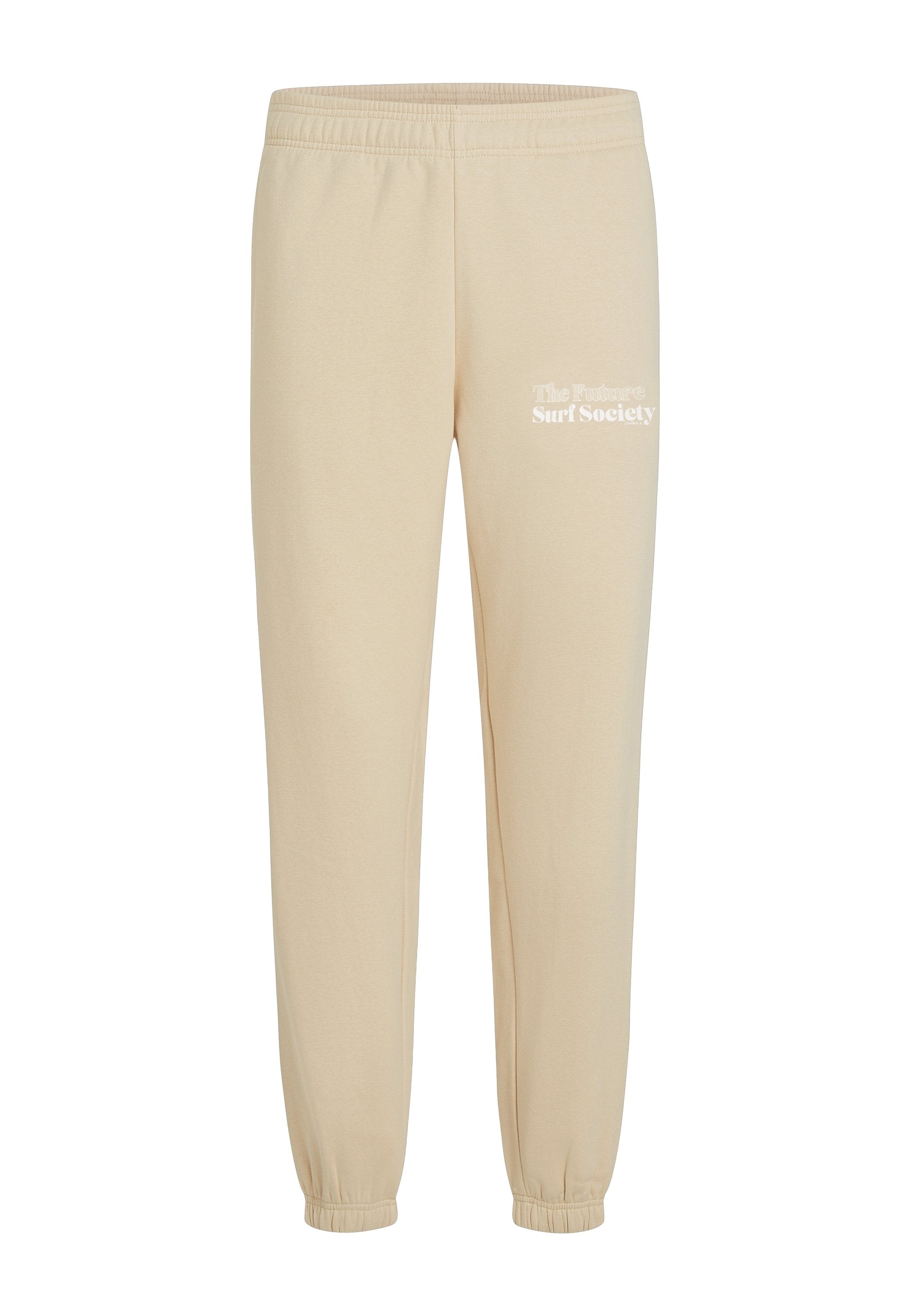 Beige Jogginghosen mit elastischem Bund und Bündchen, versehen mit dem weißen Drucktext "The Future Surf Society" am oberen linken Oberschenkel.