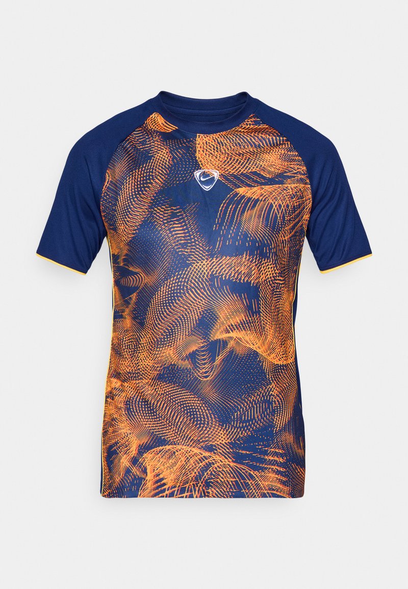 Kurzarmhemd aus leichtem Stoff, mit navyblauem Grund und orangefarbenen Wirbelmustern sowie einem kleinen Logo auf der Vorderseite.
