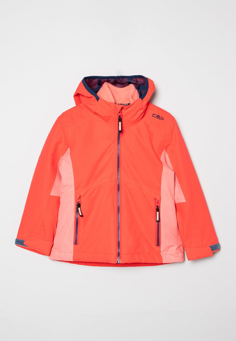 Helle orange Kapuzenjacke für Kinder mit pinken Seiteneinsätzen, vorderem Reißverschluss, Reißverschlusstaschen und verstellbaren Handgelenkriemen.