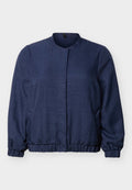 Marineblaue Jacke mit langen Ärmeln, rundem Ausschnitt, elastischen Bündchen und Saum, verdecktem Verschluss vorne und strukturierter Stoff.