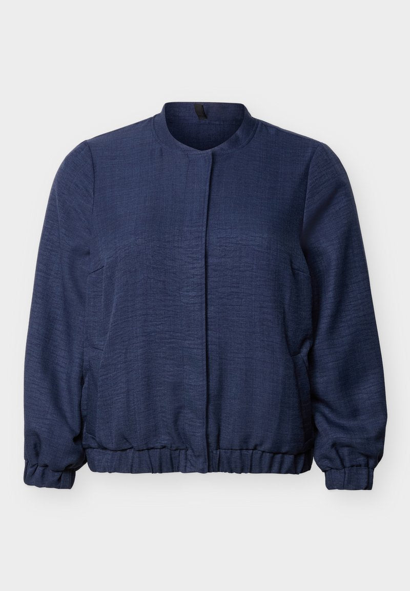 Marineblaue Jacke mit langen Ärmeln, rundem Ausschnitt, elastischen Bündchen und Saum, verdecktem Verschluss vorne und strukturierter Stoff.