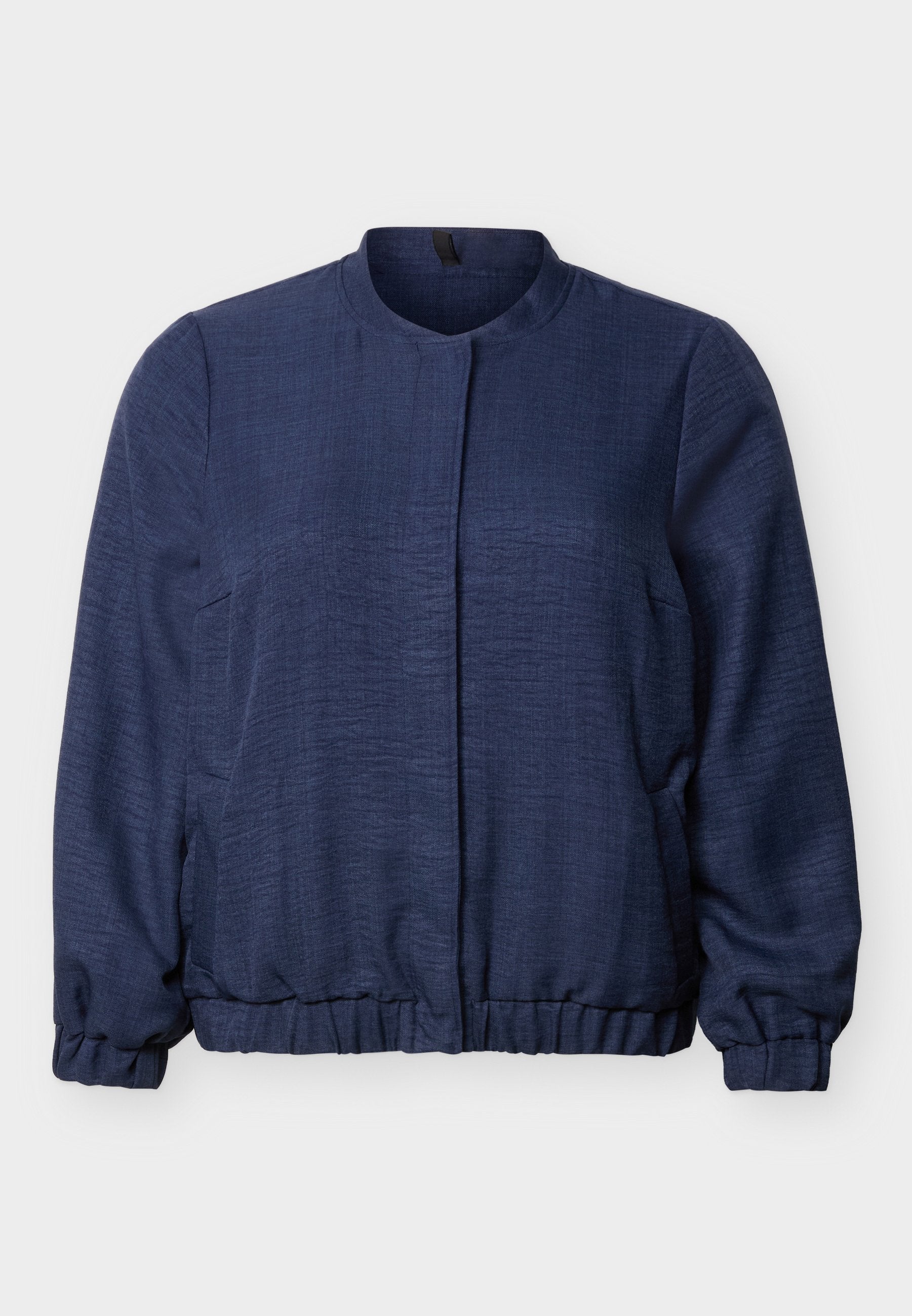 Marineblaue Jacke mit langen Ärmeln, rundem Ausschnitt, elastischen Bündchen und Saum, verdecktem Verschluss vorne und strukturierter Stoff.