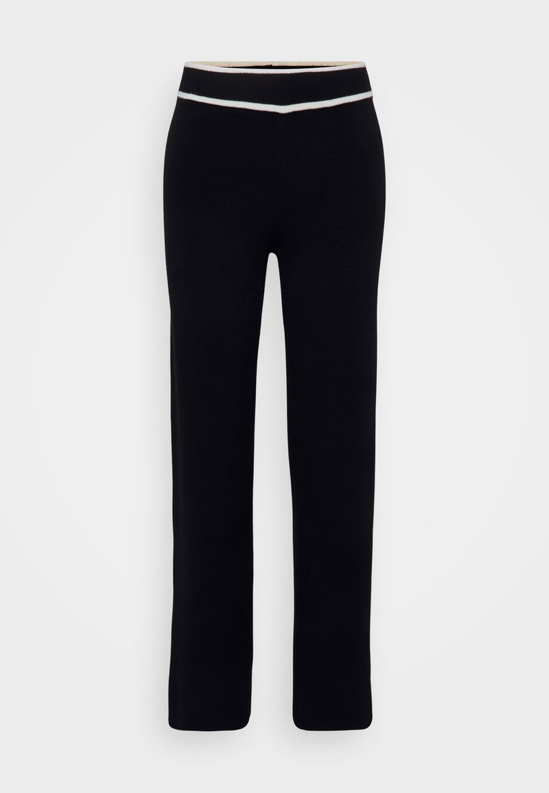 Schwarze Hosen aus weichem Stoff, mit einer figurbetonten Passform, die einen kontrastierenden weißen und hellblauen Streifen am Bund aufweisen. Gerade Beinform.