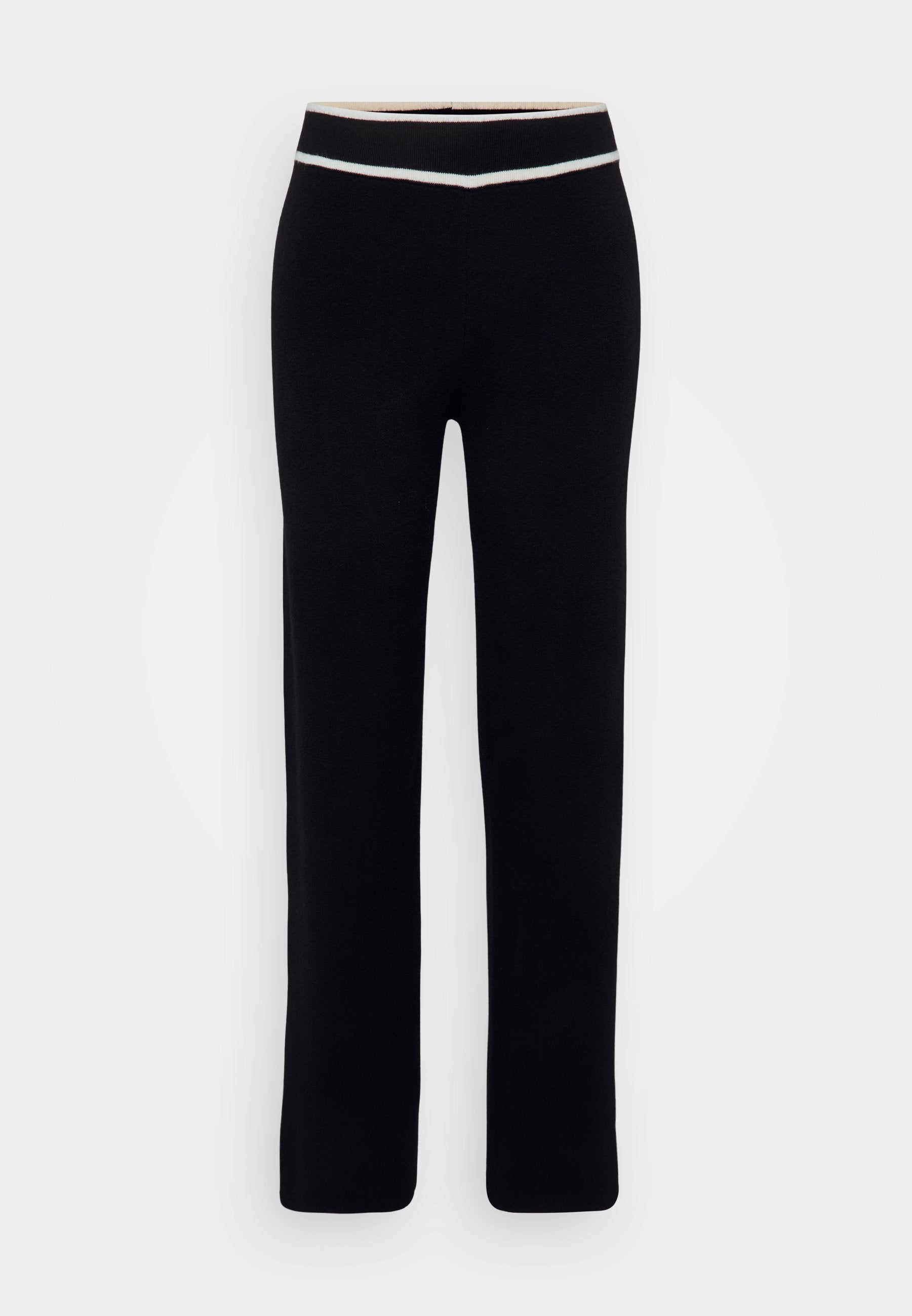 Schwarze Hosen aus weichem Stoff, mit einer figurbetonten Passform, die einen kontrastierenden weißen und hellblauen Streifen am Bund aufweisen. Gerade Beinform.