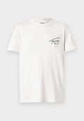Weißes Baumwoll-T-Shirt mit einem kleinen, schwarzen Aufdruck-Logo und Design. Rundhalsausschnitt und kurze Ärmel mit lockerer Passform.