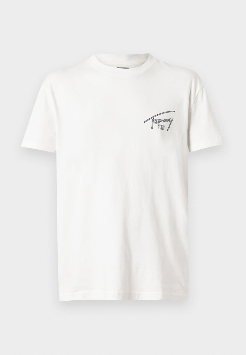 Weißes Baumwoll-T-Shirt mit einem kleinen, schwarzen Aufdruck-Logo und Design. Rundhalsausschnitt und kurze Ärmel mit lockerer Passform.