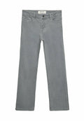 Graue Jeans aus Denim mit geradem Bein, fünf Taschenstil und einer vorderen Knopfverschluss. Merkmale sind dezente Nähte entlang der Nähte.