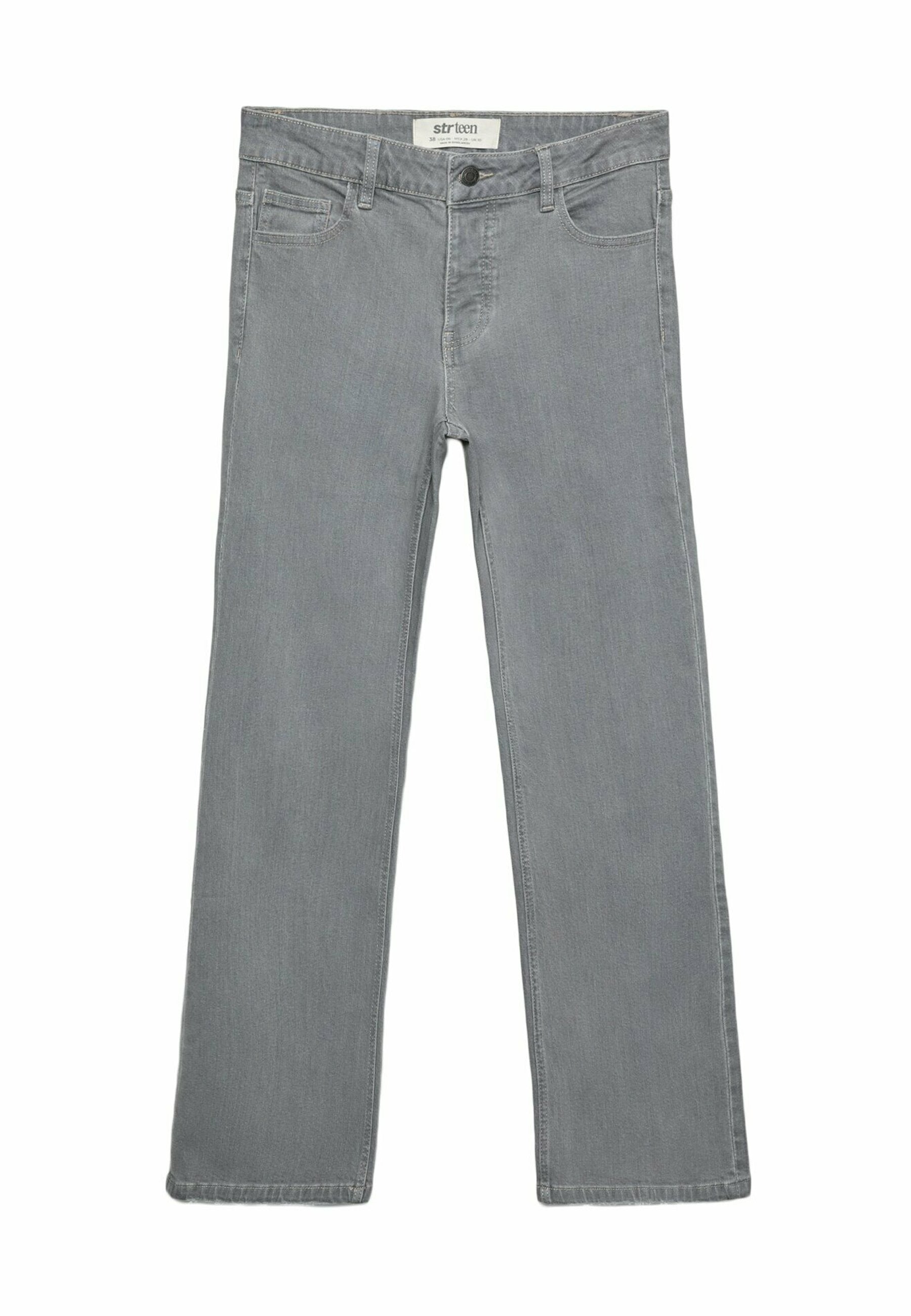 Graue Jeans aus Denim mit geradem Bein, fünf Taschenstil und einer vorderen Knopfverschluss. Merkmale sind dezente Nähte entlang der Nähte.