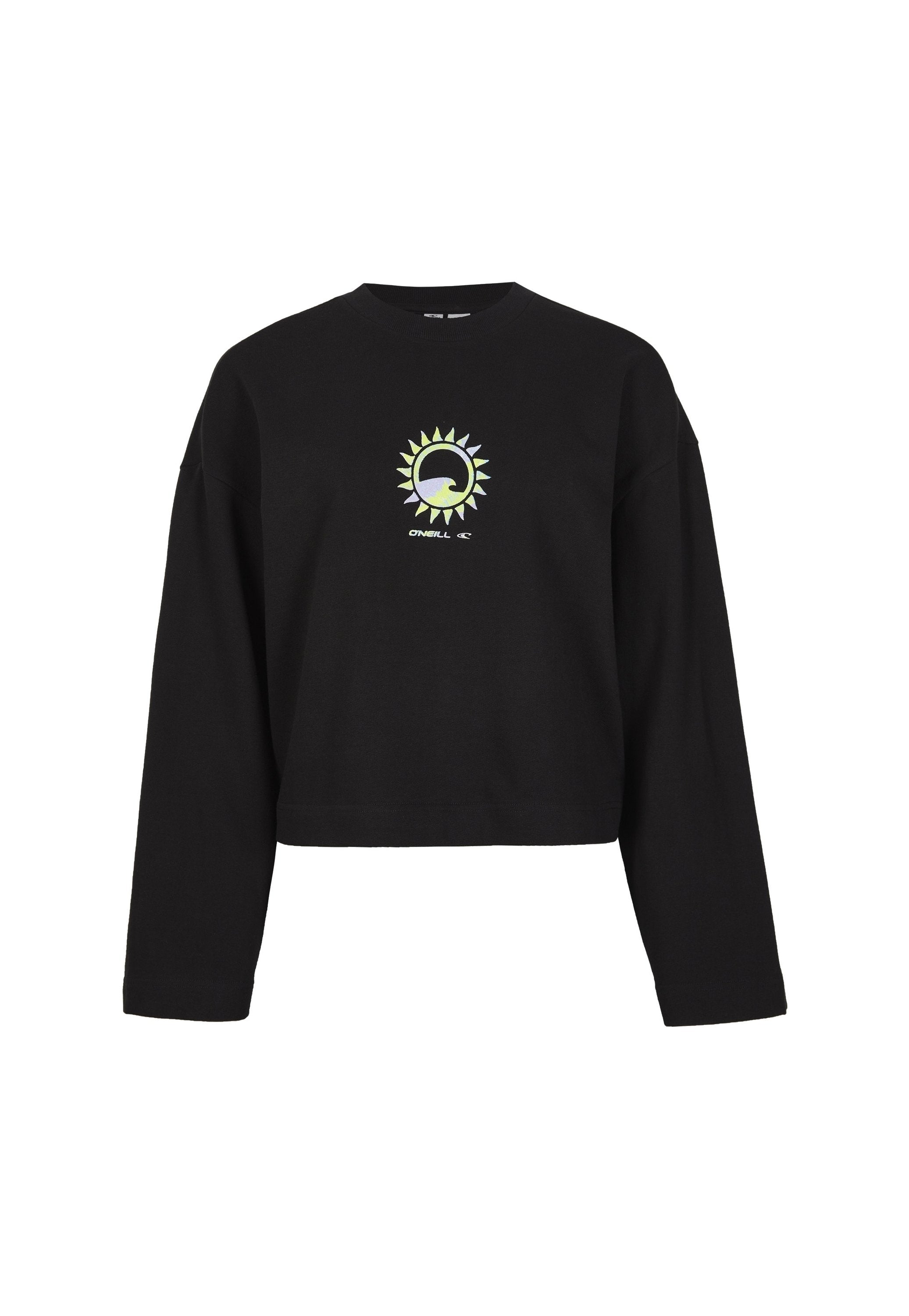 Schwarzes, kurzes Sweatshirt mit langen Ärmeln, das auf der Vorderseite ein kreisförmiges grünes und gelbes Grafikdesign einer Sonne zeigt. Weicher Stoff.