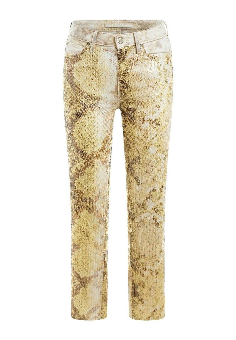 Schlangenhaut-musterte Jeans in Gold- und Beigeschattierungen, mit schmalem Schnitt, Knopfverschluss und Taschen. Strukturiertes, glitzerndes Finish.