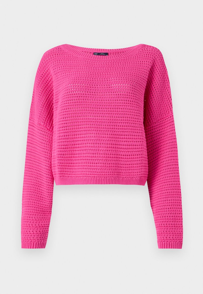 Rosa, kurz geschnittenen Pullover mit strukturiertem Strickmuster, weitem Ausschnitt und langen Ärmeln. Rippbündchen an Saum und Ärmeln. Gefertigt aus leichtem Material.