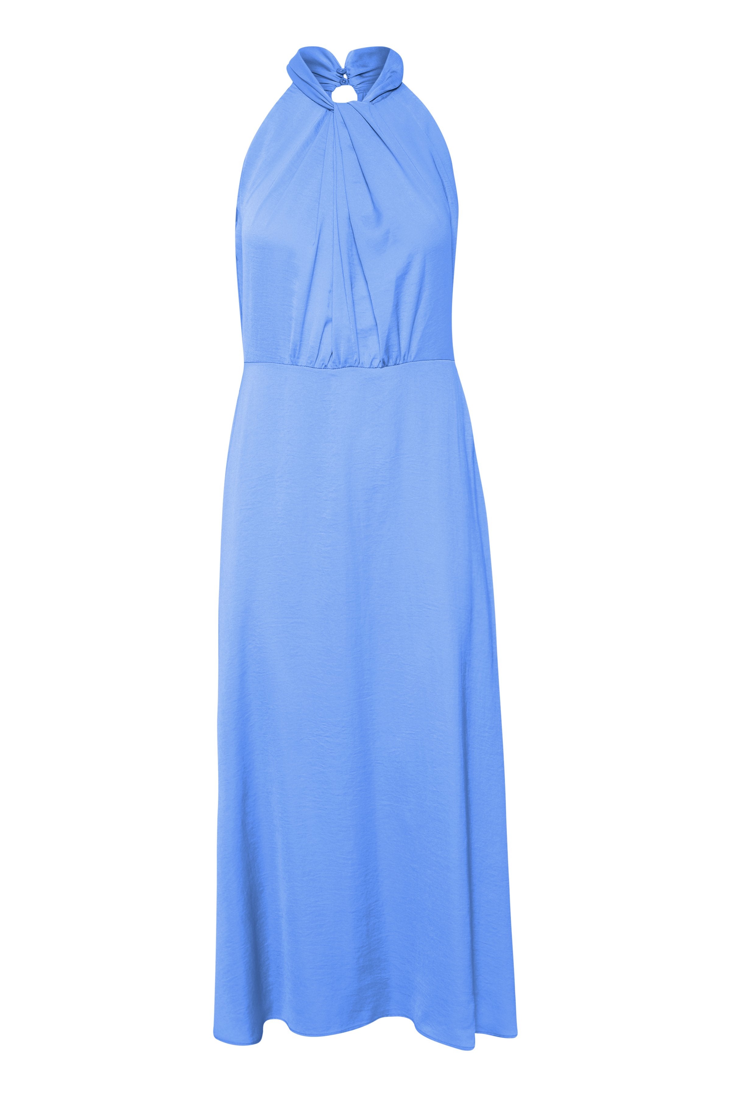 Blaues Halterkleid mit einem Schlüssel-ausschnitt, drapiertem Stoff und fließender Silhouette, aus leichtem Material mit glatter Textur.