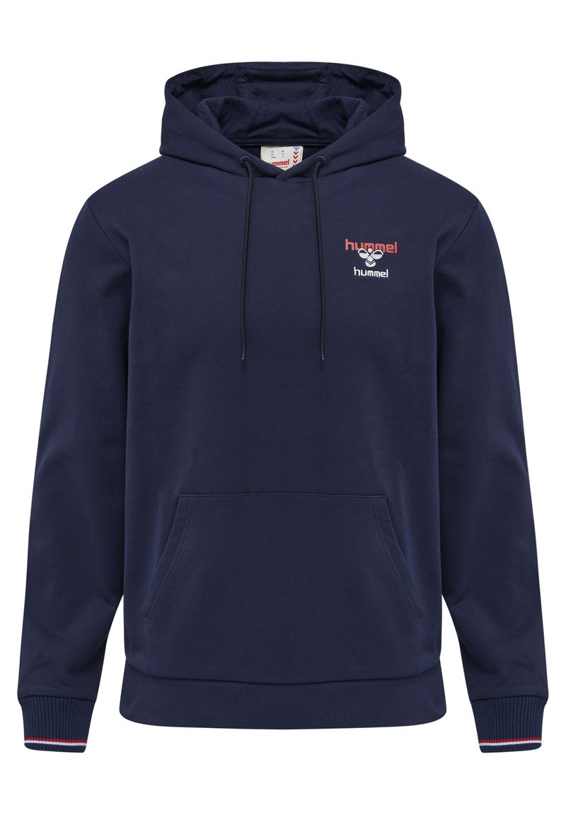Marineblauer Hoodie mit Fronttasche, Kapuze mit Zugband und gerippten Bündchen. Verfügt über ein rotes gesticktes Logo auf der Brust. Glatte Stoffstruktur.